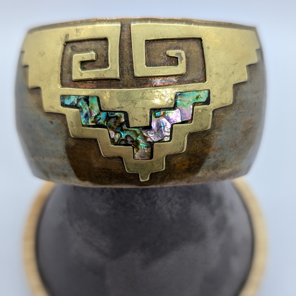 Mexico Copper Cobre Laton Cuff Bracelet With Abalone Inlay
